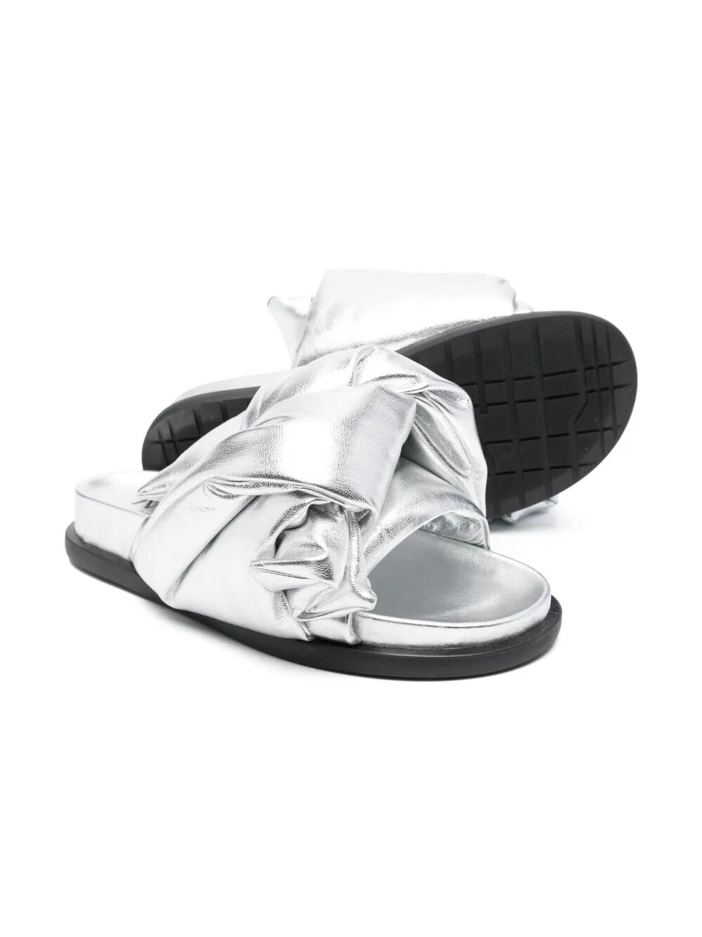 FAUX LEATHER FUSSBETT SLIDES WITH PUFFY EFFECT KNOTTED UPPER