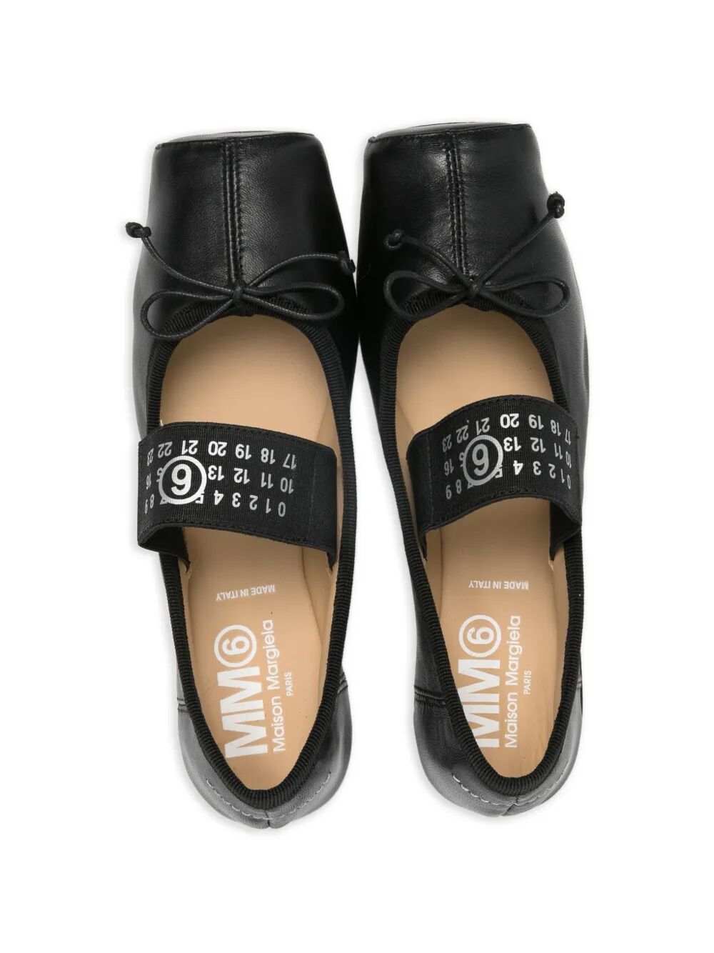 SQUARE TOE BALLET FLATS LEATHER WITH FRONT BOW AND NUMERIC LOGO ON ELASTIC STRAP