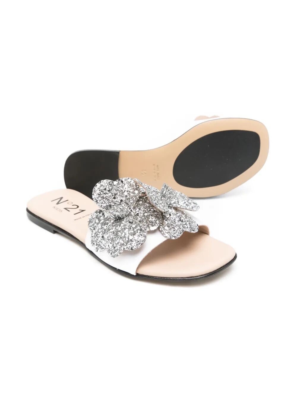 SATIN SLIDES WITH GLITTER FLOWERS APPLICATION