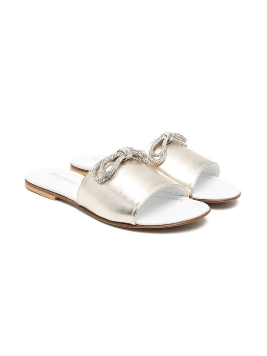 LEATHER SLIDES WITH TUBOLAR BOW FULL COVERED BY STRASS