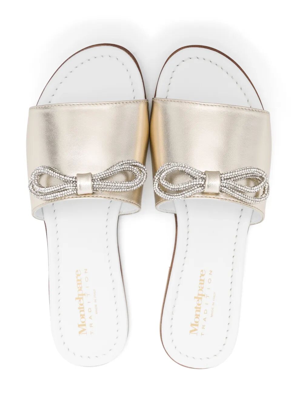 LEATHER SLIDES WITH TUBOLAR BOW FULL COVERED BY STRASS