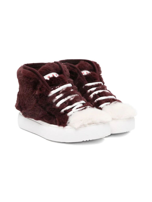SNEAKERS MID LACE-UP FAUX FUR WITH CONTRAST COLOR TOE AND LOGOED LABEL SEWN ON TONGUE