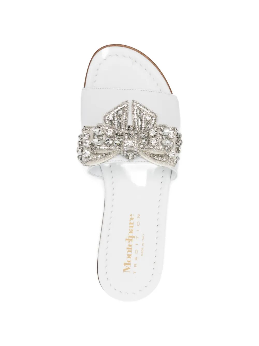 SLIDES LEATHER WITH GENUINE LEATHER SOLE AND JEWELED BOW ON VAMP