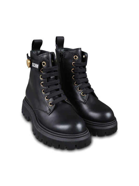 TRACK SOLE HEART & LOGO TAPE LEATHER LACE-UP ANKLE BOOTS