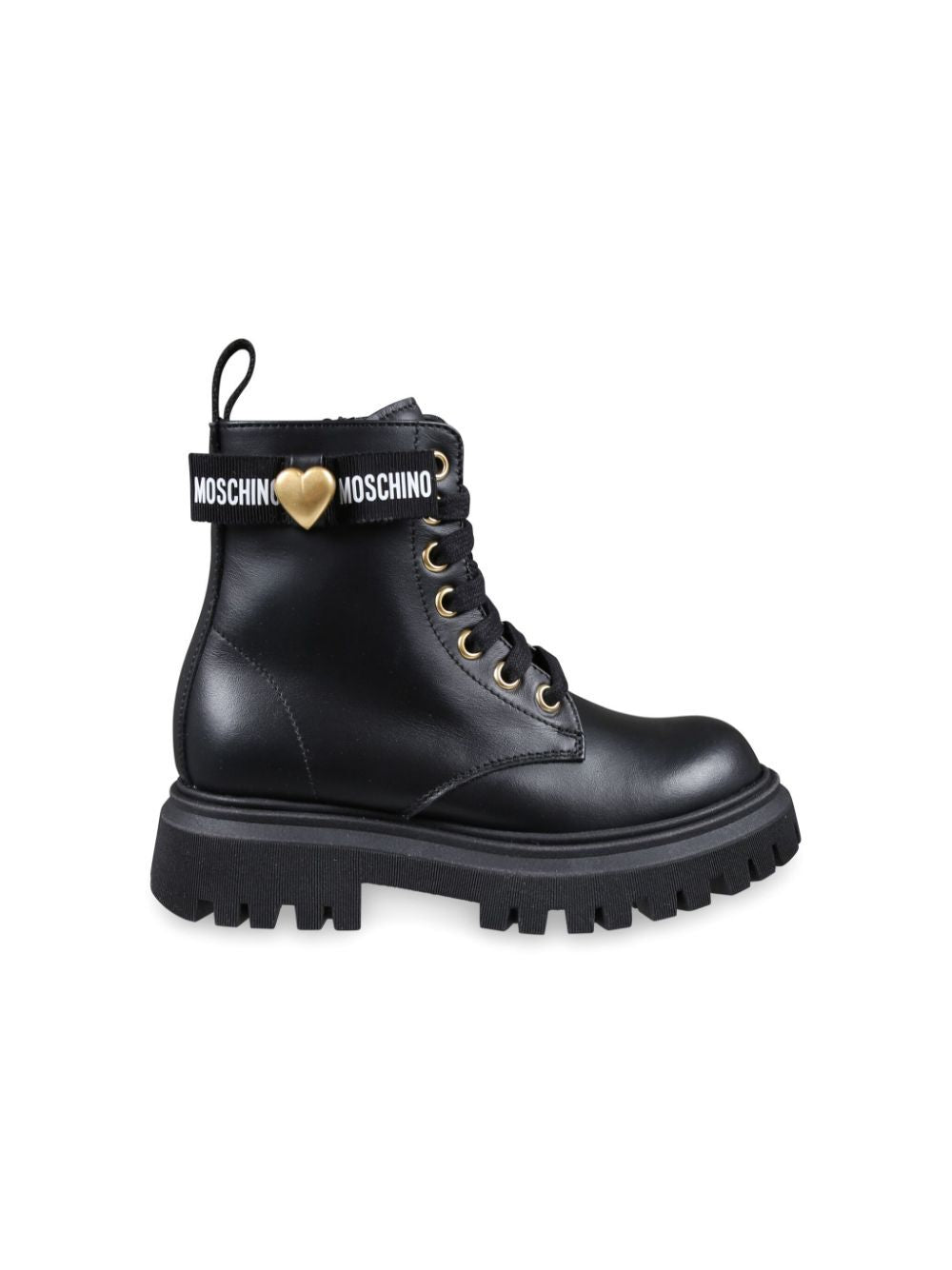 TRACK SOLE HEART & LOGO TAPE LEATHER LACE-UP ANKLE BOOTS