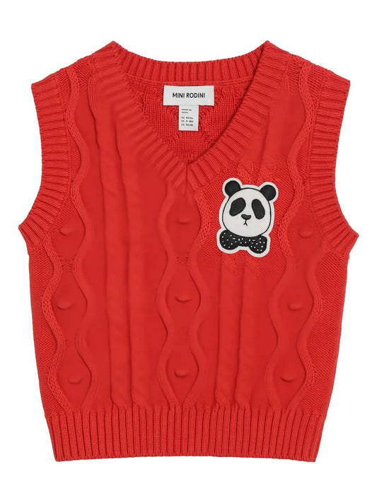 PANDA PATCH CABLE KNIT V-NECK SLIPOVER