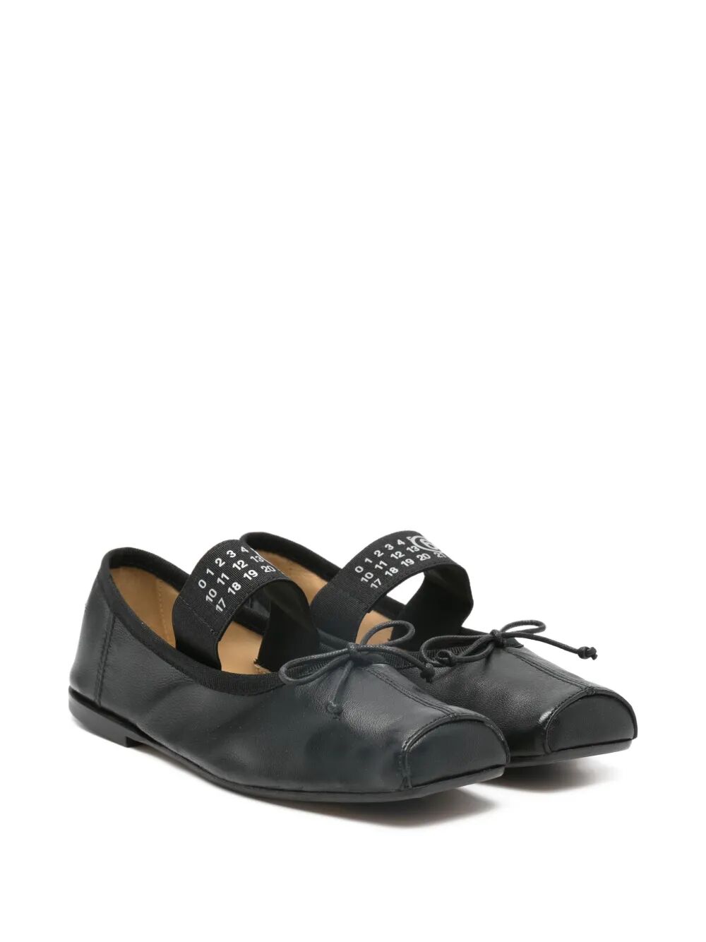 SQUARE TOE BALLET FLATS LEATHER WITH FRONT BOW AND NUMERIC LOGO ON ELASTIC STRAP