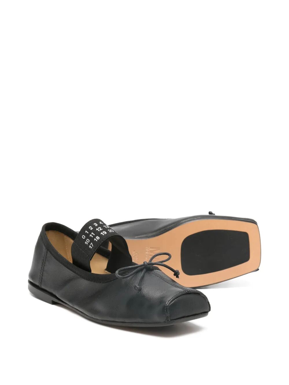 SQUARE TOE BALLET FLATS LEATHER WITH FRONT BOW AND NUMERIC LOGO ON ELASTIC STRAP