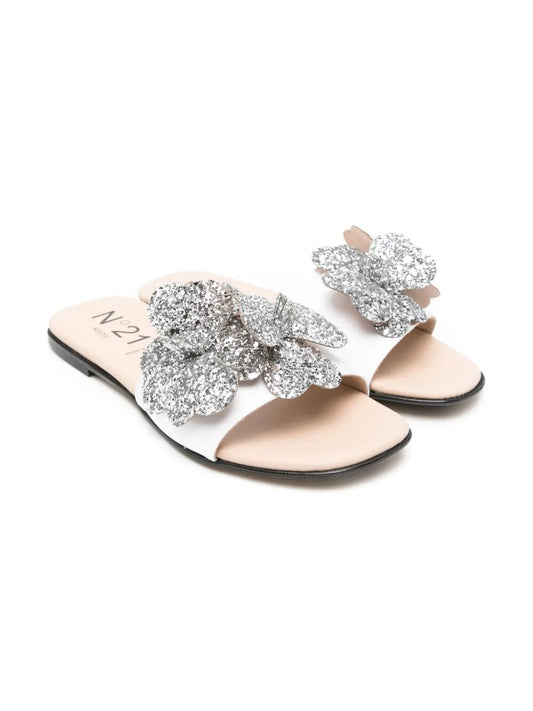 SATIN SLIDES WITH GLITTER FLOWERS APPLICATION